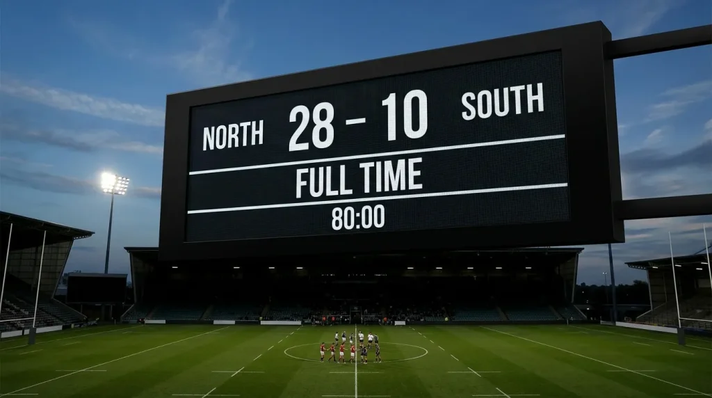 Rugby stadium scoreboard showing final points difference between home and away sides at full time