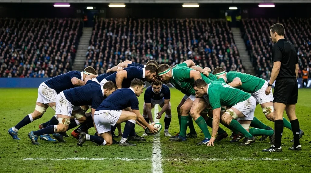 International rugby scrum during a Six Nations Test match with forwards engaged on the pitch