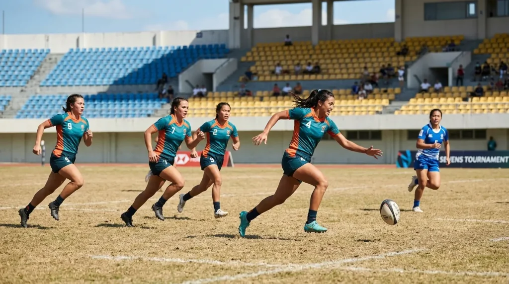 Rugby sevens players chasing down a kick at a tournament with sparse stadium seating