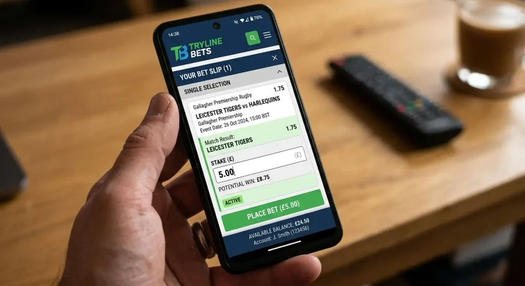 Single rugby selection bet slip on a smartphone showing one match outcome and stake field