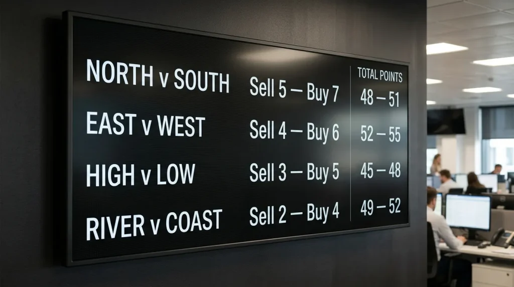 Live spread betting quote board showing rugby supremacy and total points spreads on UK fixtures