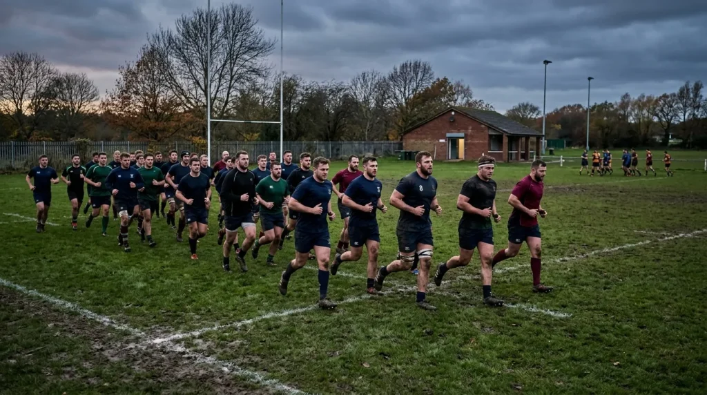 Rugby union squad members in training kit jogging on a UK club training pitch in late autumn