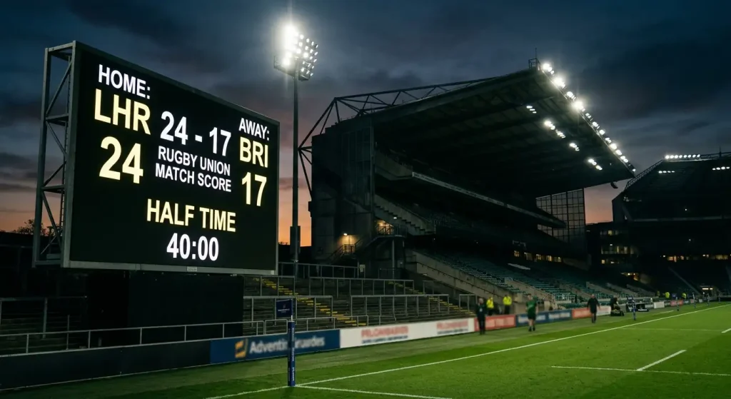 Floodlit UK rugby stadium scoreboard during a competitive Premiership evening fixture
