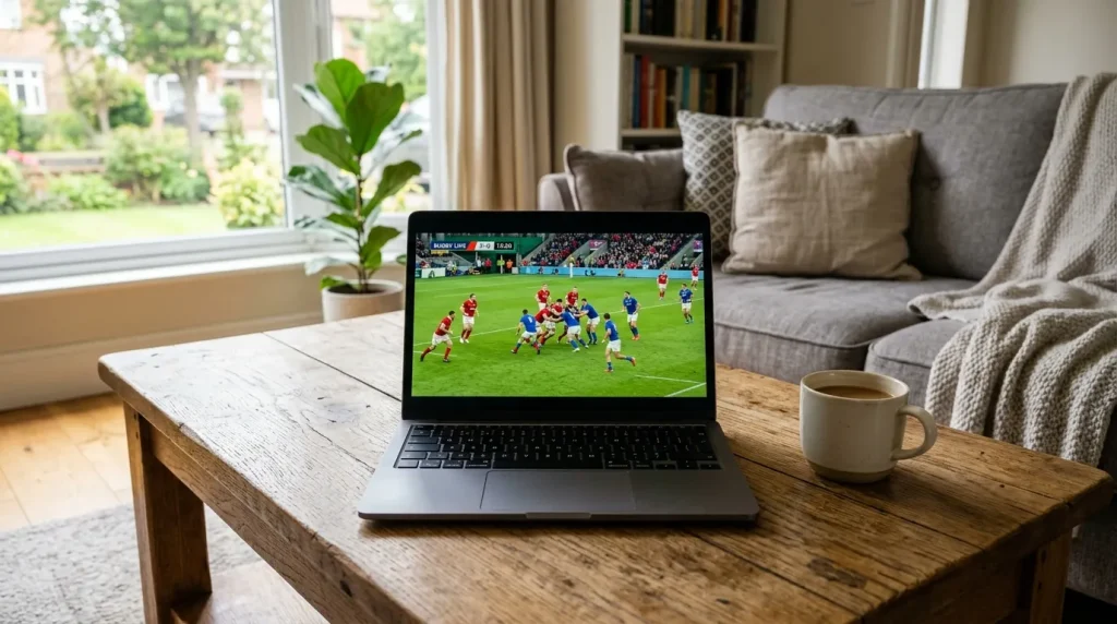 Laptop on a wooden coffee table streaming a rugby match in a sunlit living room