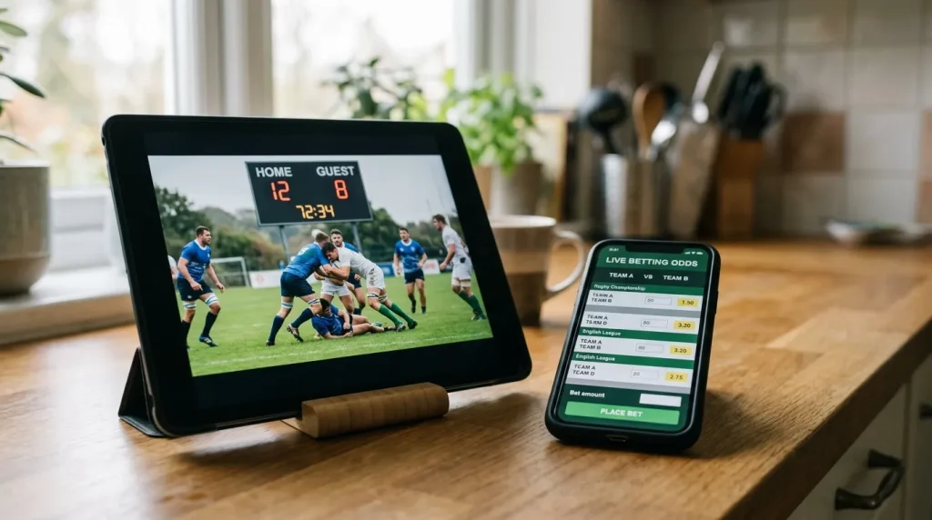 Tablet propped on a kitchen counter streaming rugby with a phone beside it