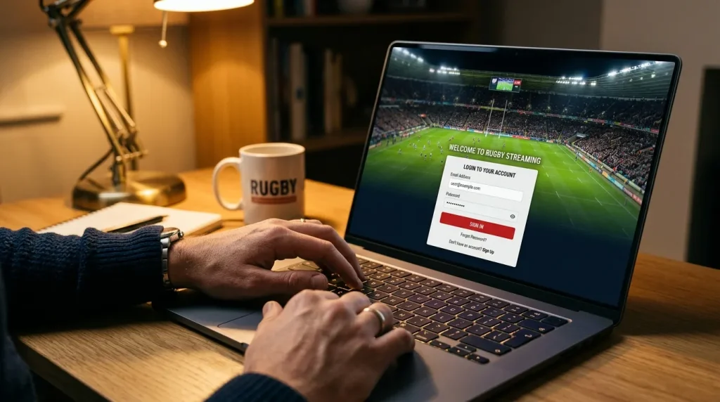 Hands typing on a laptop keyboard with a rugby stadium photograph on the open browser