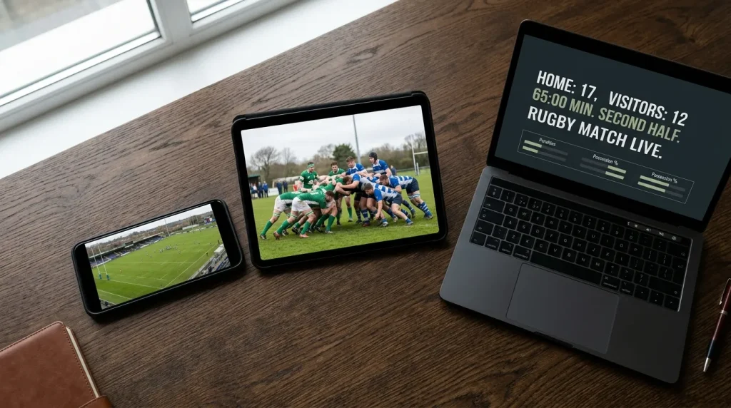 Tablet, smartphone and laptop on a desk together showing different rugby coverage angles