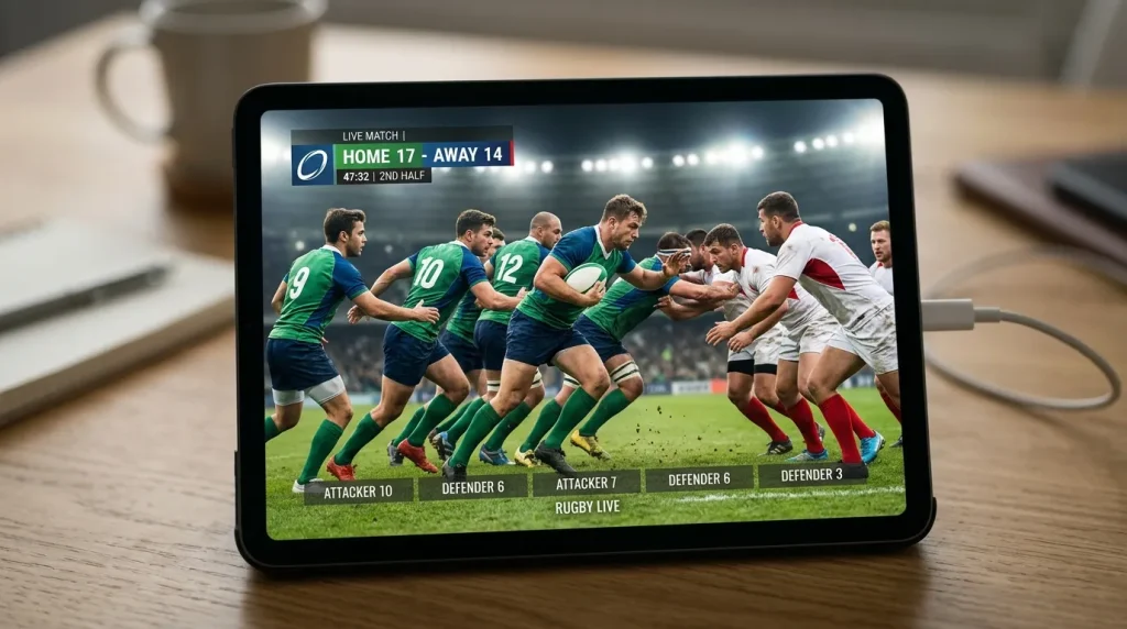 Close-up of a rugby attacking line on a tablet screen during a major fixture