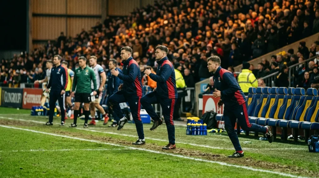 Rugby substitutes warming up on the touchline late in a Premiership match as the bench empties