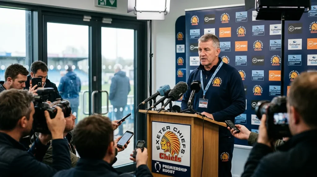 Premiership rugby coach announcing the matchday squad at a Thursday press conference