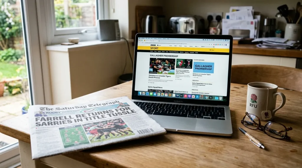 Rugby team news preview open on a laptop with a Saturday sports newspaper beside it