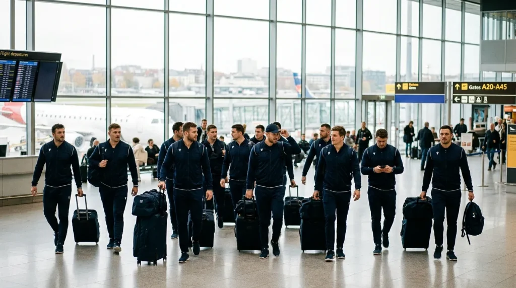 Rugby squad with kit bags walking through an airport terminal before a European away match