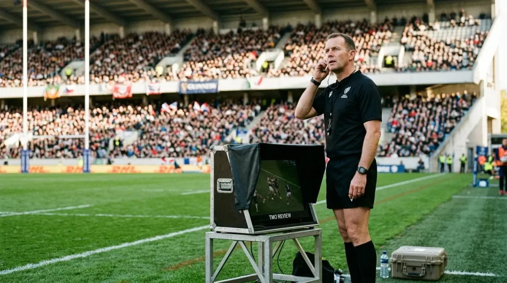 Rugby referee at the touchline screen reviewing a try with the TMO during a UK match