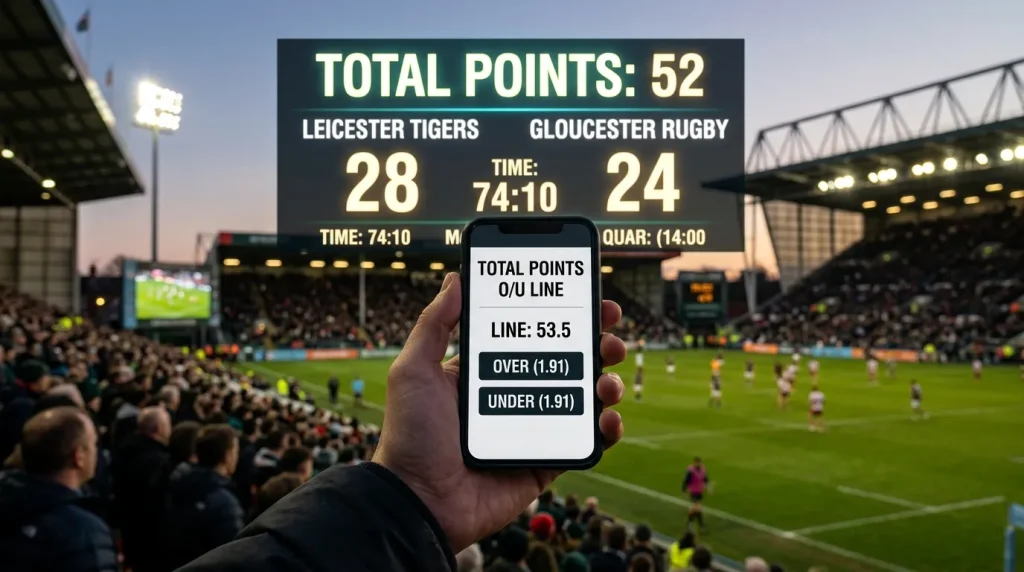 Stadium scoreboard at a UK rugby ground showing a rising combined total with a punter's phone overlaying an over/under line