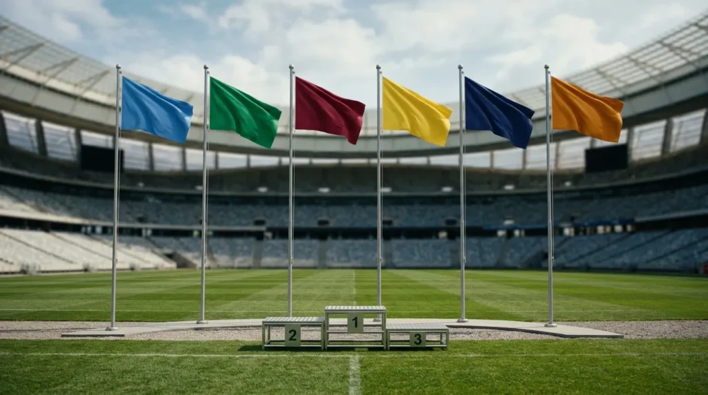 Six rugby team flags arranged behind a tournament podium ahead of a major Six Nations or Rugby World Cup fixture