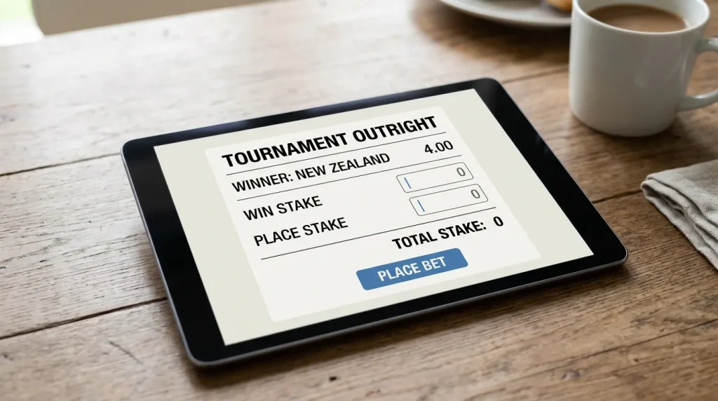 Tablet showing a single tournament outright each-way bet on a major rugby competition with clear win and place terms