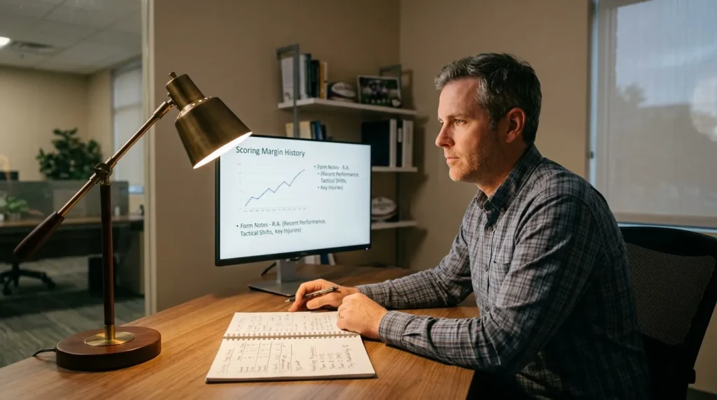 A rugby analyst studying team form notes and projected scoring margins on a desk before setting a handicap line