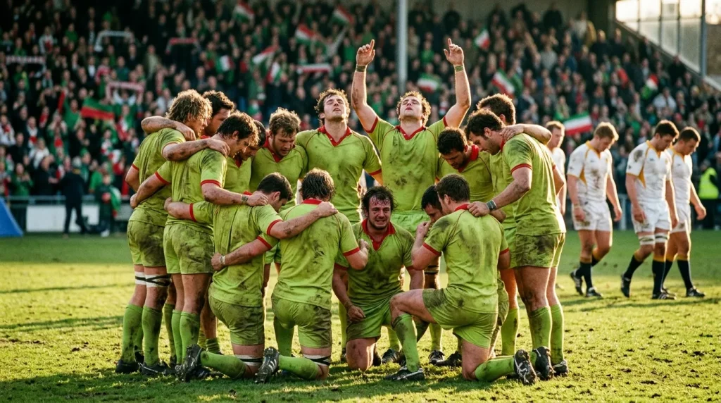 Underdog rugby team huddled in celebration after a knockout-stage upset at a major tournament