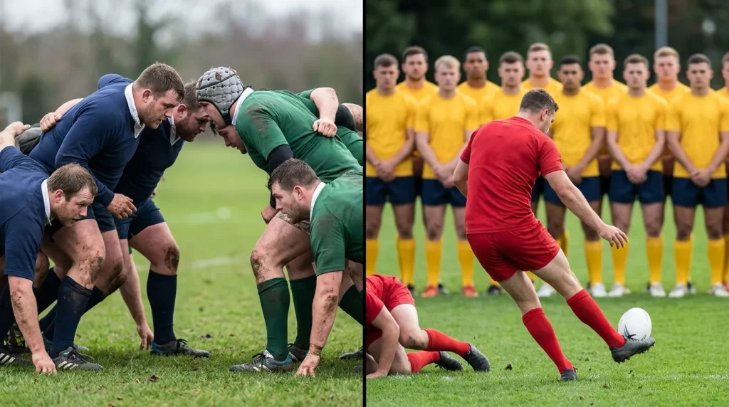 Side by side rugby union scrum and rugby league play the ball restart