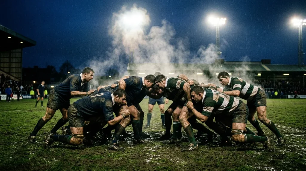 Wide shot of a rugby union scrum forming on a wet pitch with floodlights overhead