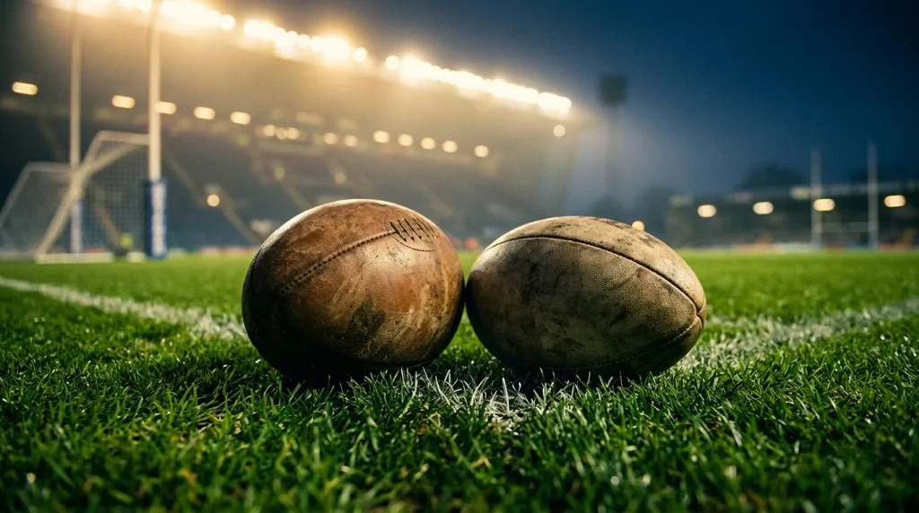 Two rugby balls of slightly different shape resting side by side on green turf under stadium floodlights