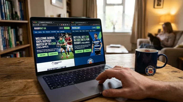 UK rugby punter weighing two welcome bonus offers side by side on a laptop