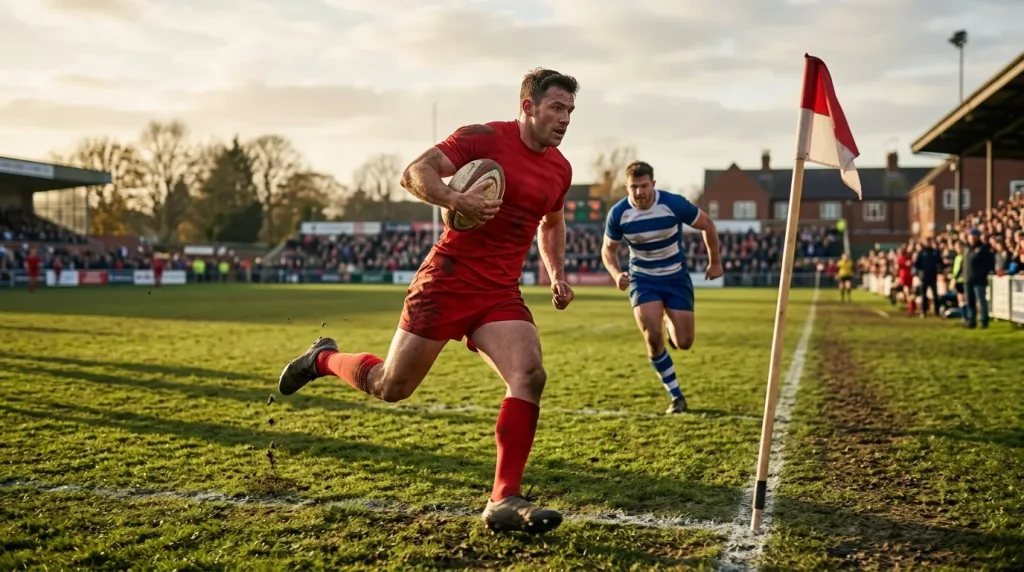 Rugby union wing accelerating away from a defender toward the corner flag with the goal line in sight