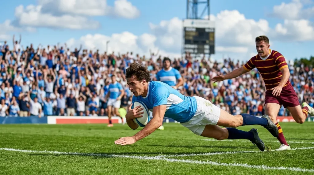 International rugby winger diving over the try line during a Test match
