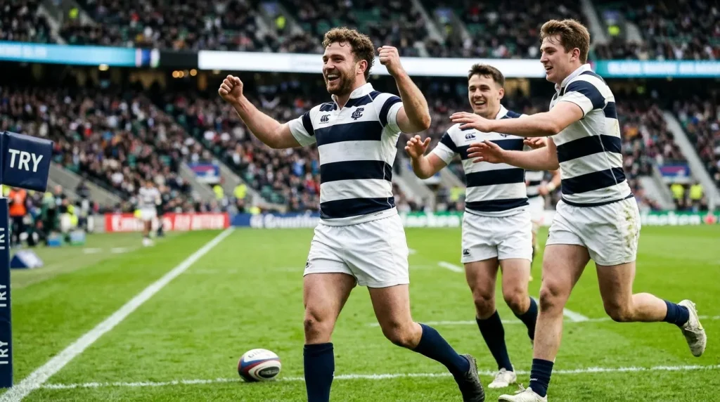 Rugby union winger celebrating a try with teammates running toward him