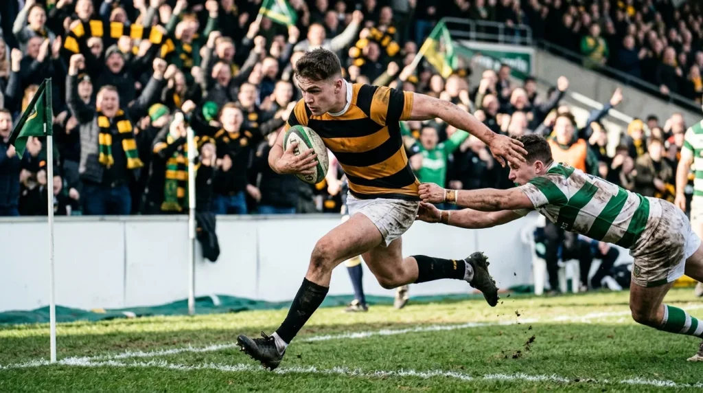 Rugby winger sprinting toward the try line during a Premiership club match