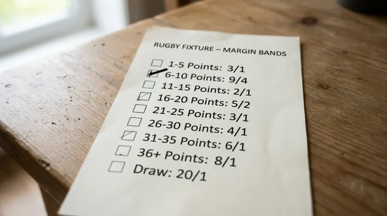 Close-up of a rugby betting coupon showing winning margin bands across a Premiership fixture