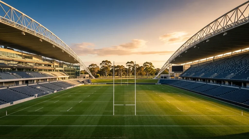 Sun lit Australian rugby stadium ahead of a Rugby World Cup fixture