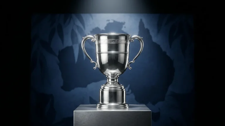 Webb Ellis Cup trophy lit up on stage ahead of Rugby World Cup 2027 in Australia