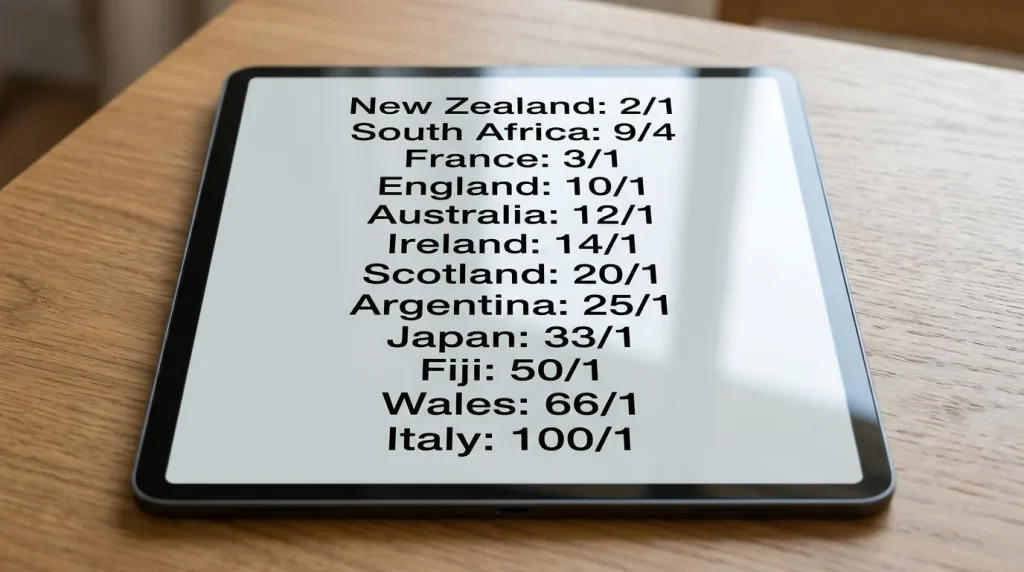 Tablet showing Rugby World Cup outright winner odds for 2027 with several nations listed and their prices