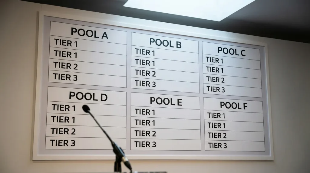 Rugby World Cup 2027 pool draw board with six pools of four nations displayed