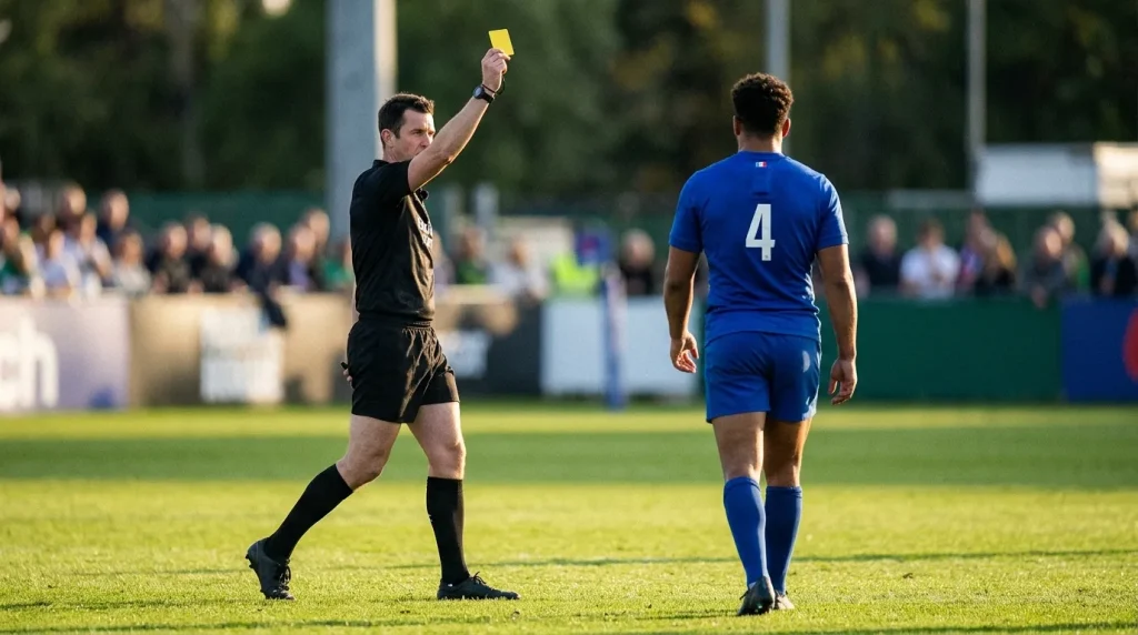 Rugby referee raising a yellow card to a player during a UK match