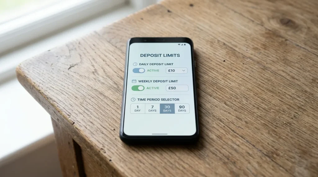 Smartphone showing a safer-gambling deposit limit setting screen on a rugby betting app