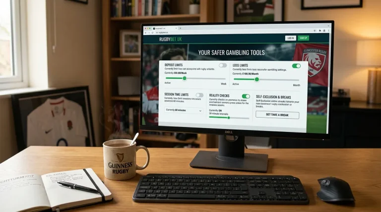 Safer gambling settings panel listing deposit limits, loss limits, reality checks and self-exclusion on a UK rugby betting account
