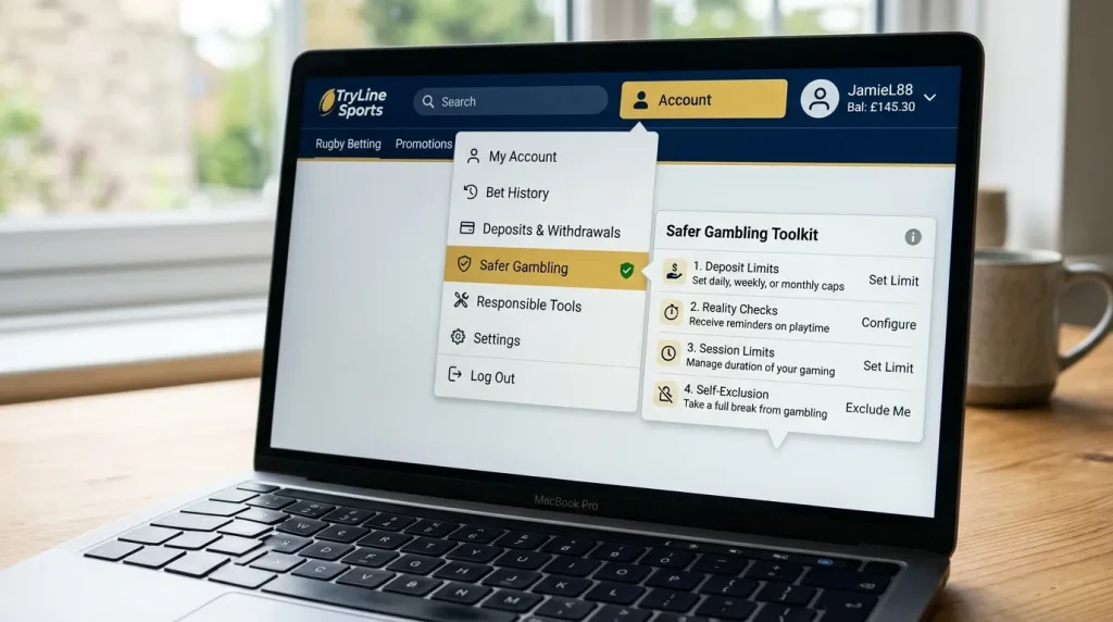 Account menu on a UK rugby betting site showing the safer gambling toolkit options highlighted