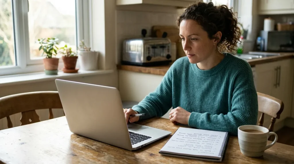 Punter at a kitchen table building a four-leg Saturday rugby acca on a laptop with a notebook of notes beside