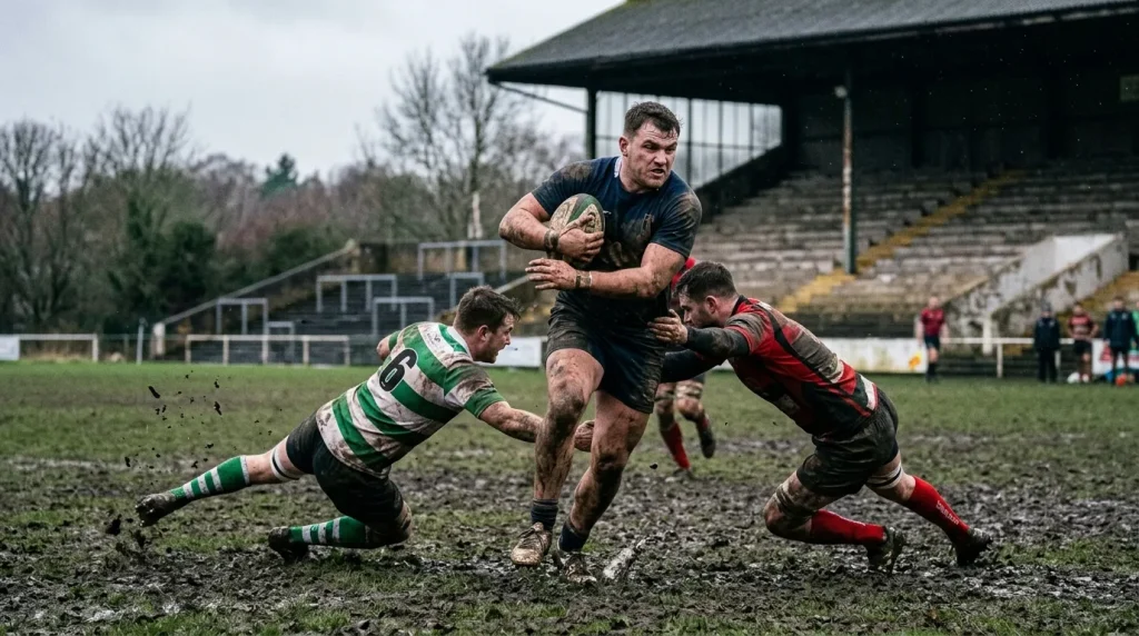 Championship rugby attacker running with the ball through tackles on a muddy pitch