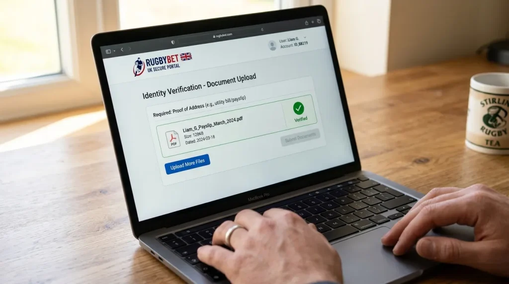 Secure document upload portal on a UK rugby betting site accepting a payslip file