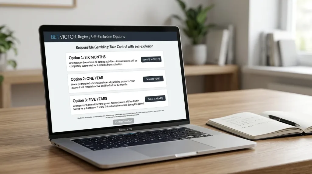 Self-exclusion options page on a UK rugby sportsbook listing six-month, one-year and five-year periods