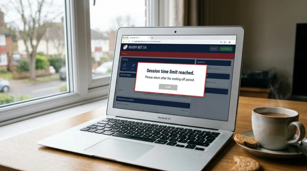 Session time limit triggered logout screen on a UK rugby betting platform