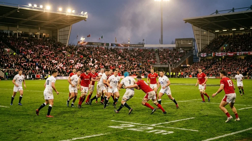 Six Nations rugby Test match action under stadium floodlights