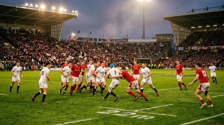 Six Nations rugby Test match action under stadium floodlights