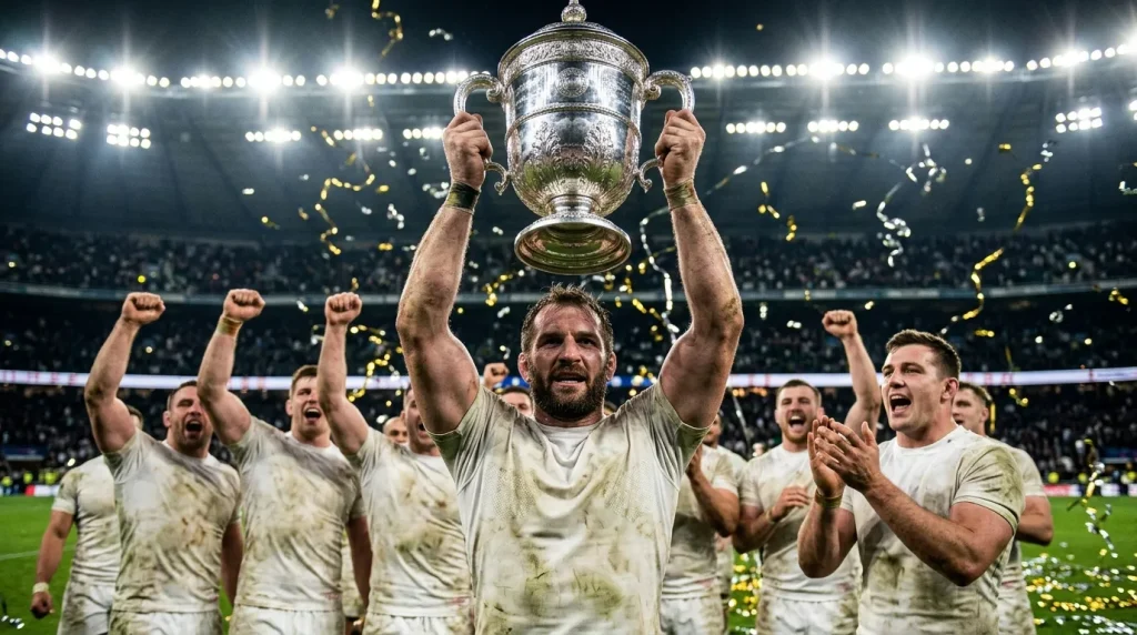 Rugby team captain lifting the Six Nations Championship trophy after a Grand Slam victory