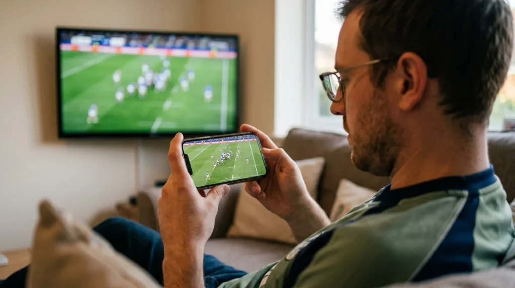 Rugby supporter watching the Six Nations on a smartphone while a television shows the same match
