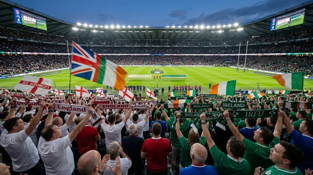 Packed Six Nations rugby crowd inside Twickenham with team flags raised before kick-off