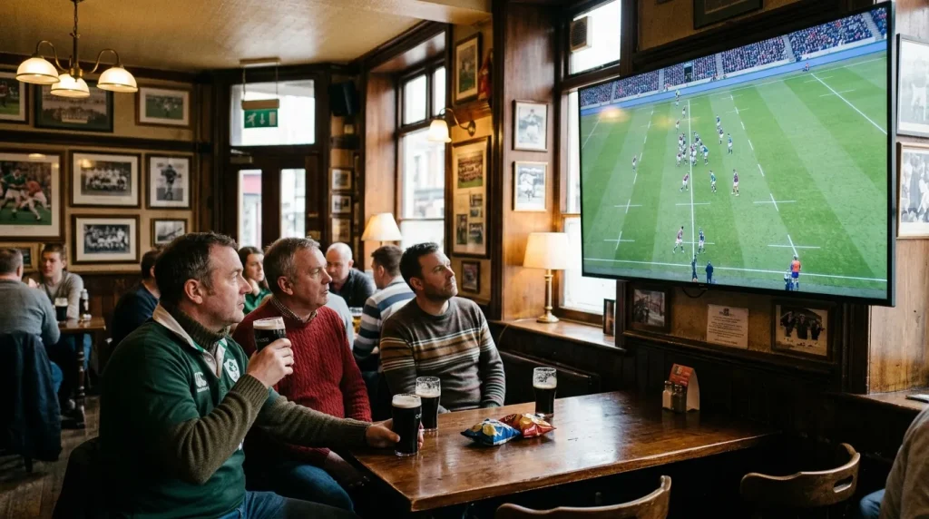 Six Nations Championship match broadcast on a large television screen with rugby supporters watching